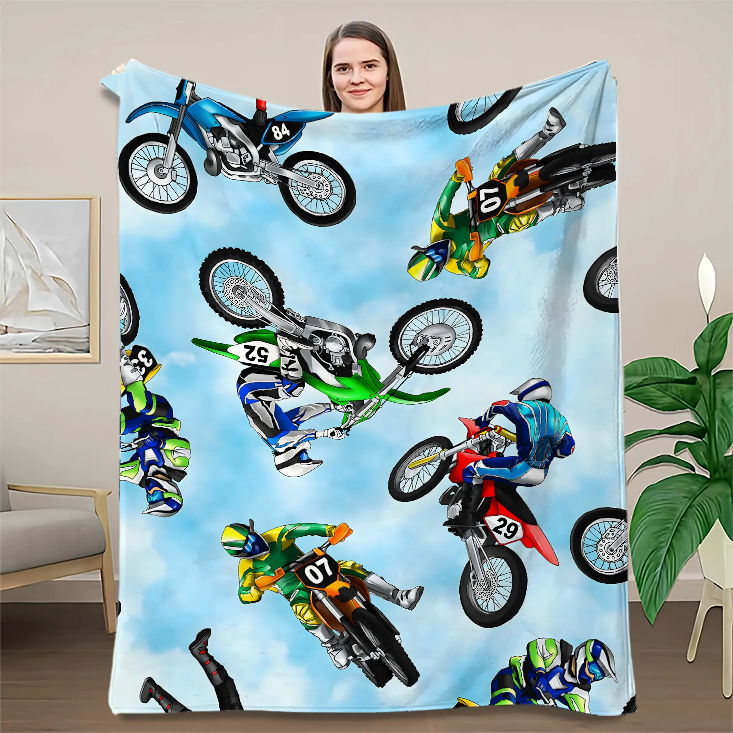 Dirt Bike Racing Rider Printed Plush Blanket, Soft Warm Throw for Moto Fans, Ideal for Bedroom and Road Trips, Cozy and Stylish, Cozy Flannel Blanket, Fluffy Soft Blankets