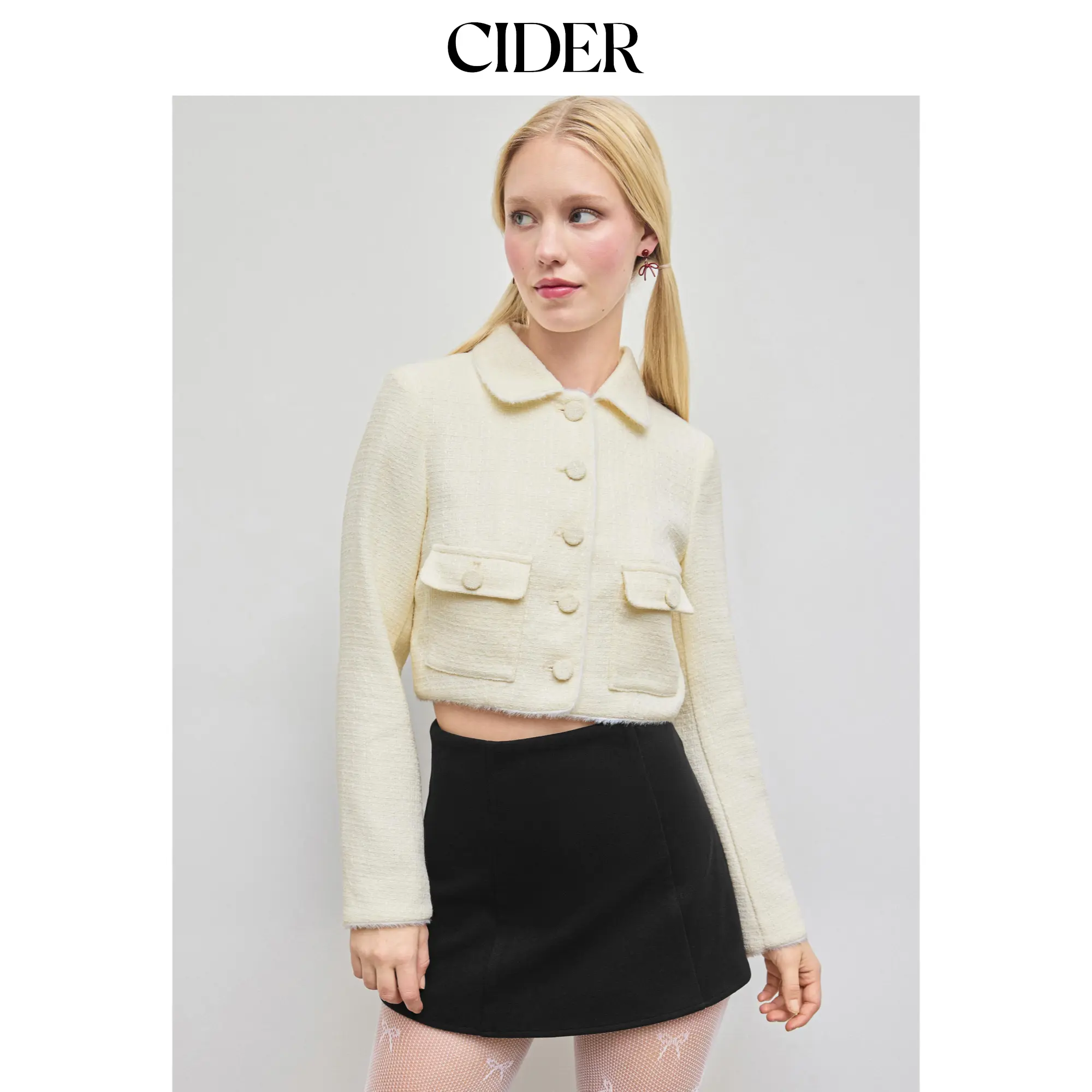 Cider [size 2-10] Tweed Collar Solid Button Pocket Crop Jacket