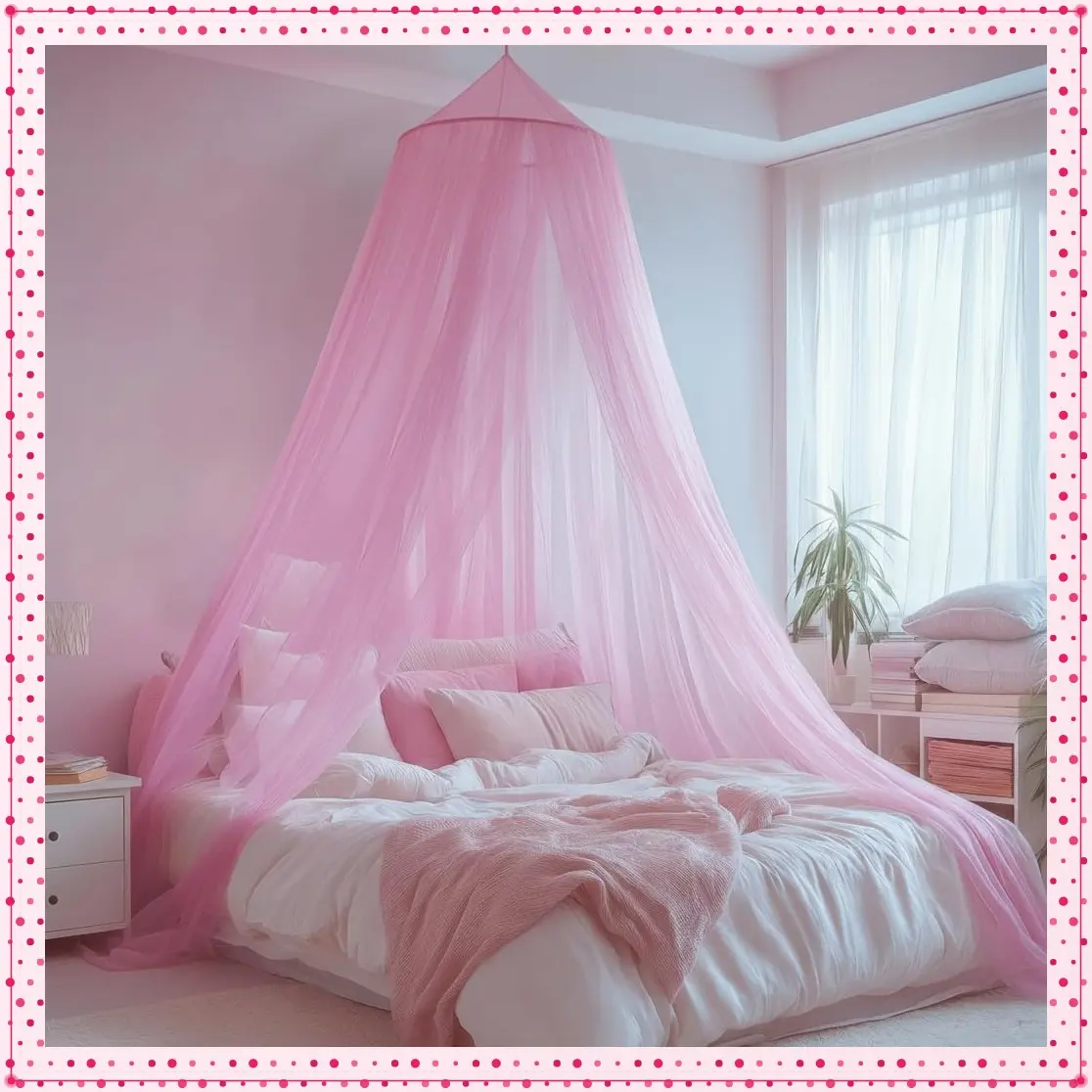 Pink Round Bed Canopy for Girls Room, Ceiling Canopy Bed Curtains, Dreamy Mosquito Net Fits Single Twin Full Queen Size Beds, Princess Room DecorGift
