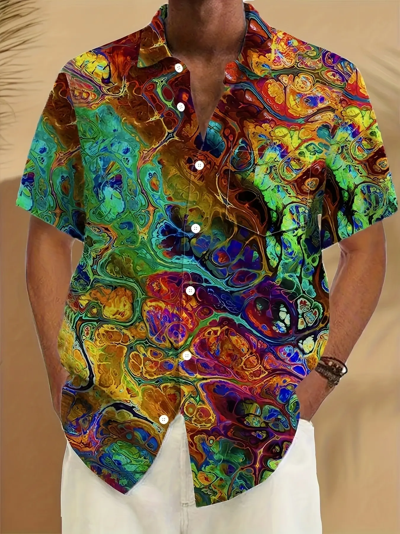 Men's Multicolor Fluid Oil Painting Shirt, Short Sleeve Collared Casual Top, Psychedelic Melted Color Art Prints, Loose Tropical Beach Vacation Shirt