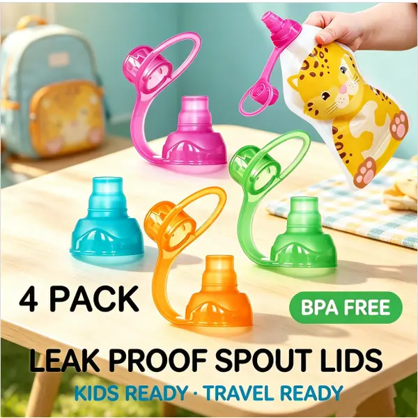 4 Pack No Spill Silicone Bottles Top Spout, Water Bottle Spout Adapters, Silicone Yummy Pouch Sippy Spout, Food Pouch Top, Baby Led Weaning, No Spill Flow Control Valve, Protects Childs Mouth, 100% Silicone, BPA Free, Feeding Accessories