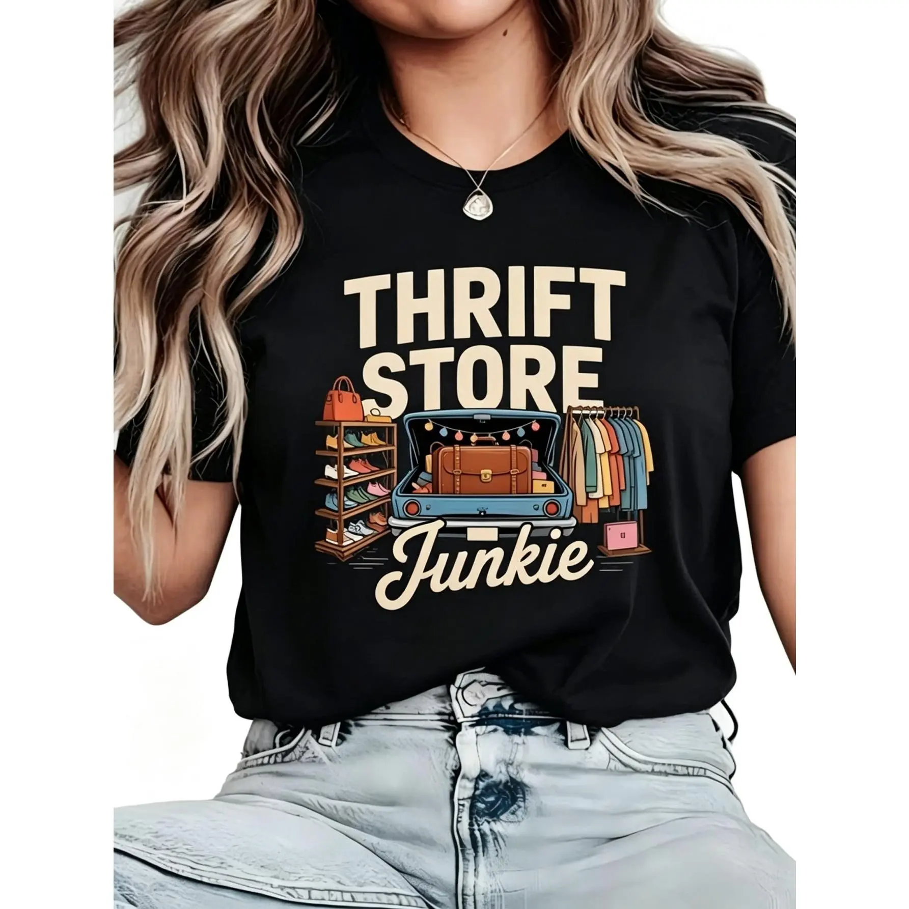 Women's Vintage Cotton T-Shirt - Round Neck, Shortsleeve, Loose Fit, Retro Car Trunk & Clothing Rack Print, Casual Daily Wear, Thrift Shopping Outfits, Machine Washable, Thrift Enthusiast Fabric Top