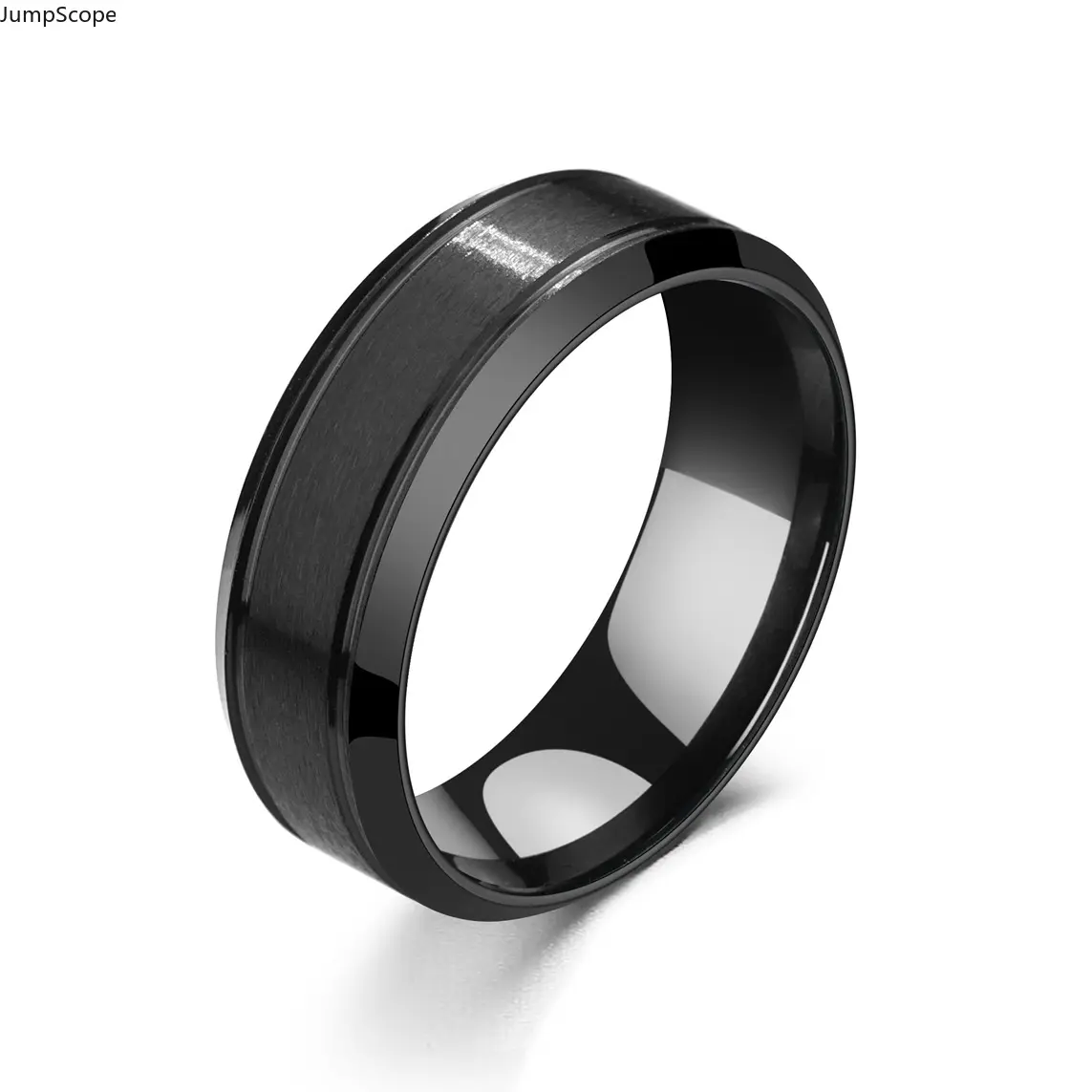 Male 8mm Stainless Steel Round Ring - Dual Bevel, Grooved Black Band, Brushed Center, Polished Edge, Comfort Fit, Simple Design for Wedding & Everyday Wear, Rings, Daily