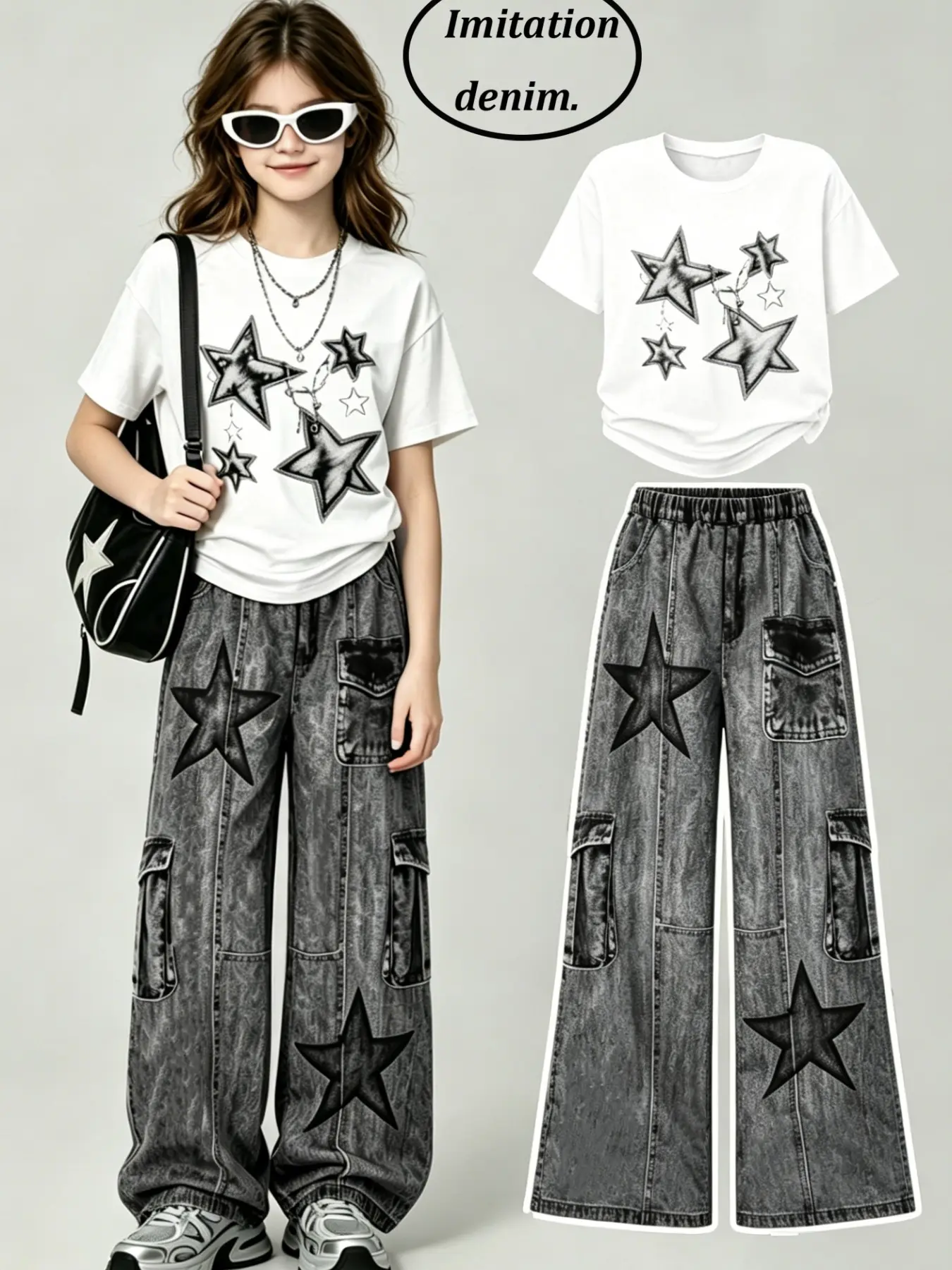 Girls' Summer Set: Star Print T-Shirt + Denim Work Pants, Comfortable and Fashionable, Street Style, Teenager Cool Two-Piece Summer Outfits Set for 4-12 Years