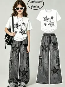 Girls' Summer Set: Star Print T-Shirt + Denim Work Pants, Comfortable and Fashionable, Street Style, Teenager Cool Two-Piece Summer Outfits Set for 4-12 Years