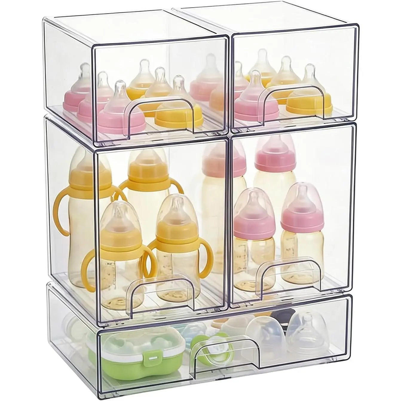 Baby Bottle Organizer,Stackable Storage Drawers 5 packs,Clear Acrylic Organizer Bins with Non-Slip Pads,Pull-Out Drawers for Makeup,Kitchen Countertop,Bathroom,Vanity,Cabinet,Pantry Organization