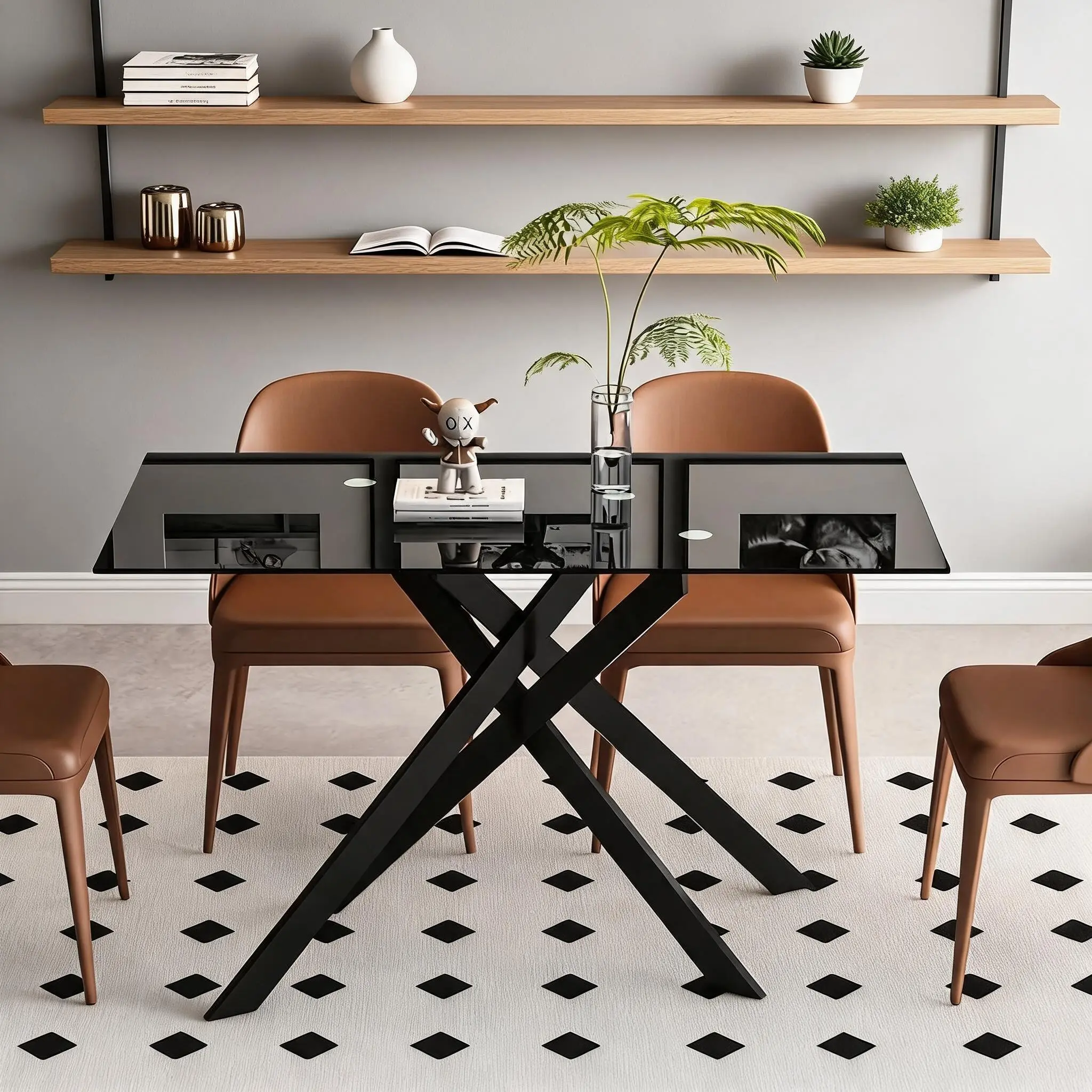 Black 51.18 Inch Rectangular Dining Table, 8mm Clear Tempered Wear Resistant Glass Top with Unique Stable Metal Legs, 180lbs Weight Capacity Modern Household Dining Furniture with Anti-Slip Floor Mats, Easy Clean & Fast Assembly for Dining Room Kitchen