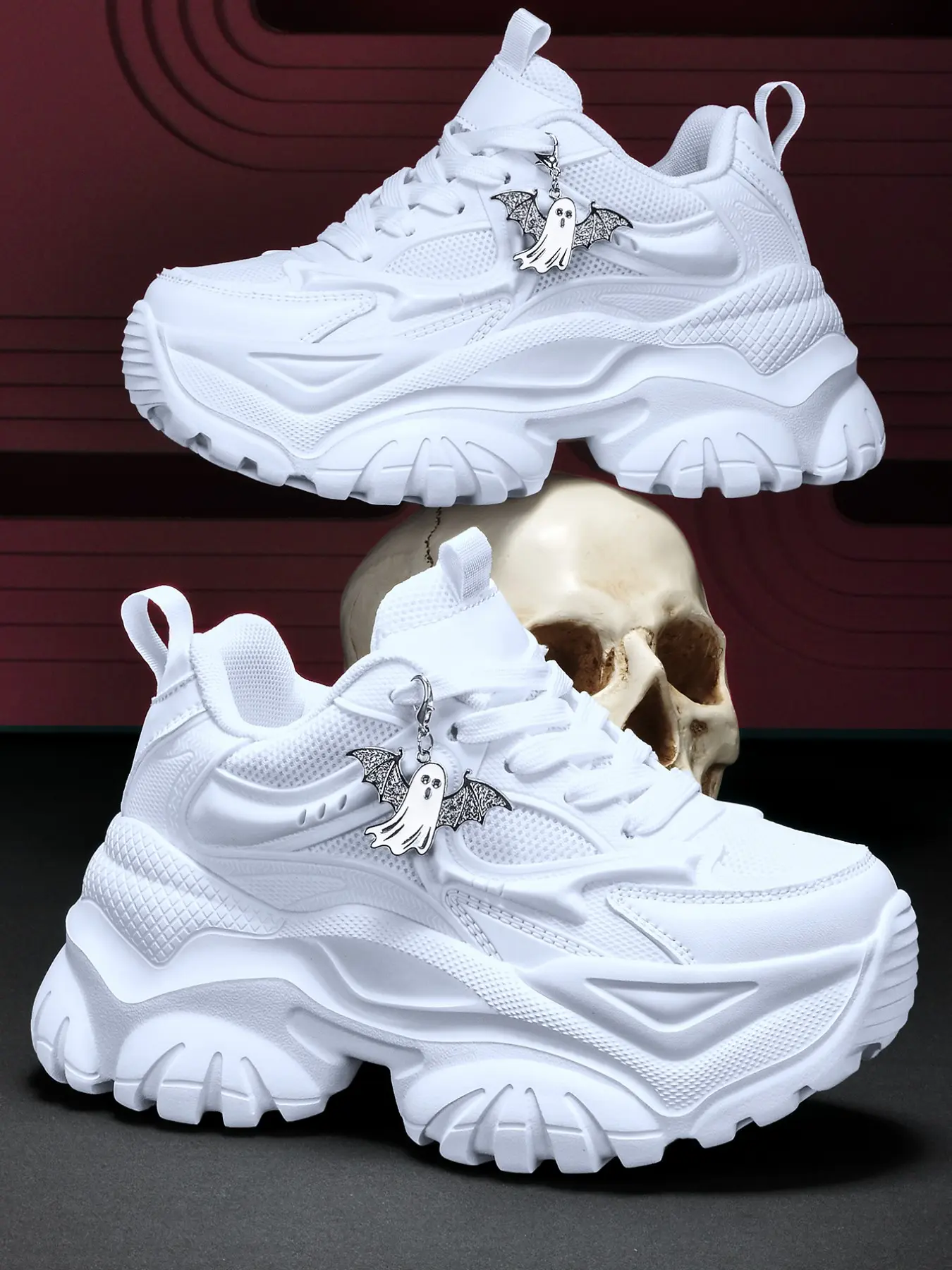 Women's Casual Shoes, 7CM Platform Height Increase, Soft EVA Sole, Lightweight, Breathable Mesh Upper, Chunky Sneakers, Casual Trendy Trainers, Y2K Gothic Style, Silver Ghost Charm, Chain Decoration, All Season, Street Fashion