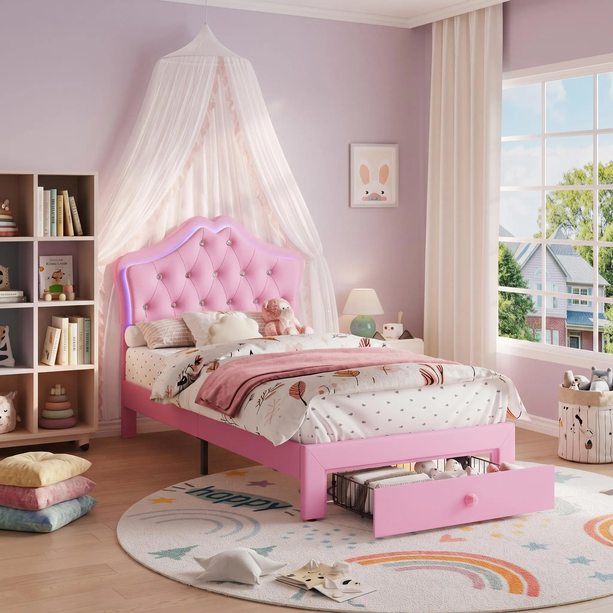 Twin Size Crystal Tufted Platform Bed Frame with Dimmable LED Light Headboard, Large Underbed Storage Drawer, Noise-Free Support Slats, Elegant Princess Style, Fast Simple Assembly for Modern Bedrooms