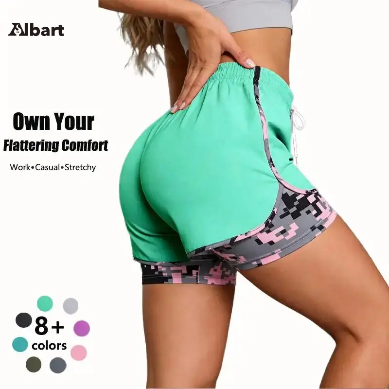 Women's 2-in-1 Camo Athletic Shorts, Loose Casual Layered Shorts, Elastic Adjustable Drawstring Waist, Fashion Camouflage Streetwear Shorts women