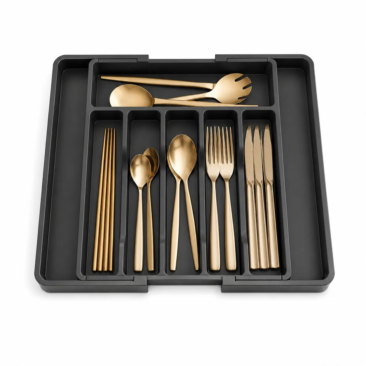 Telescopic tableware classification box, cabinet knife and fork storage box, compartment storage and sorting box, cabinet storage for scattered kitchen utensils, free telescopic compartment design to tidy up messy kitchen utensils.