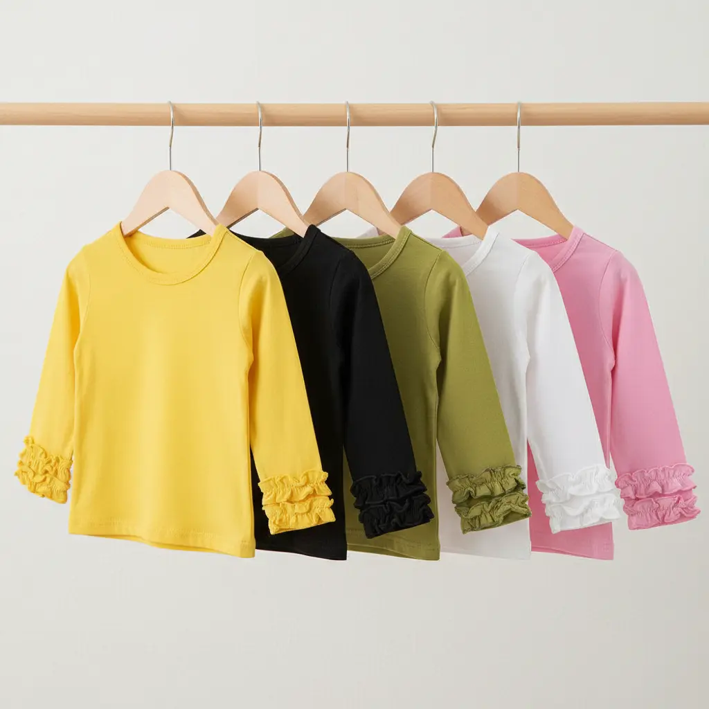 Toddler Baby Girl Long Sleeve T-shirt Crew Neck Ruffles Solid Color Tops for Spring and Autumn