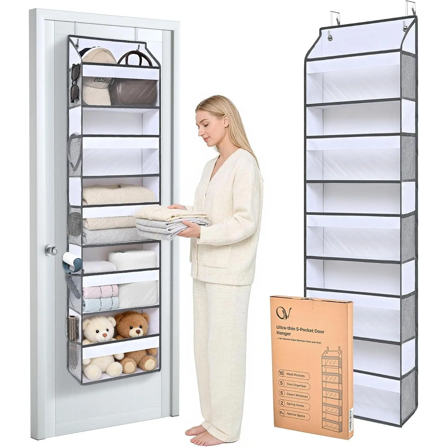 5 Tiers Ultra-thin Over Door Organizer with 10 Mesh Side Pockets, 44 lbs Weight Capacity  Storage Organizer with Clear Window  Toys, Shoes, Diapers, White & Grey