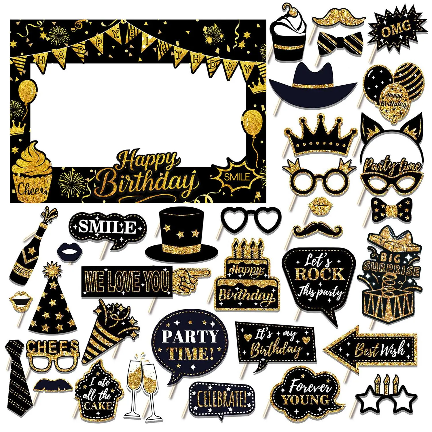 37Pcs Black Gold Birthday Photo Booth Props Kit with Photo Frame, Funny Selfie Masks, Hats & Crowns for Adult Birthday Party Decorations