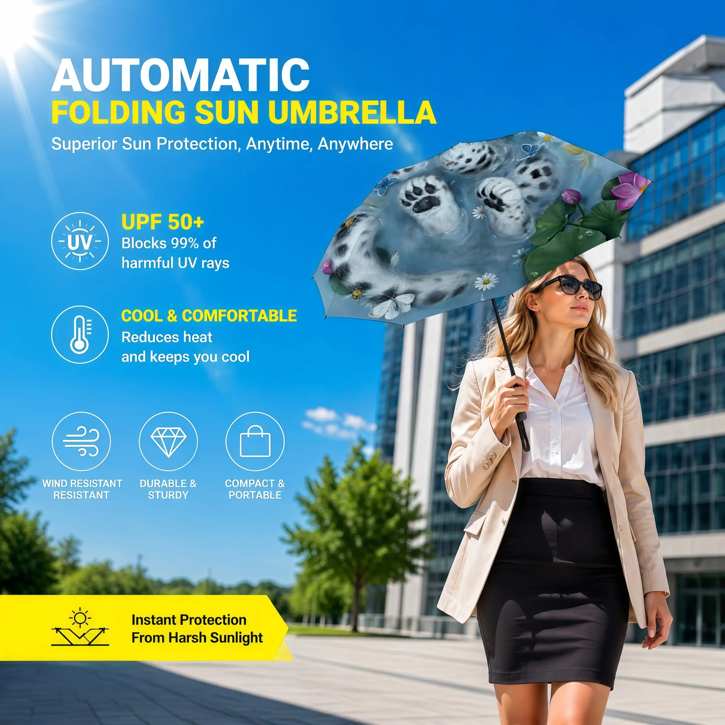 1pc Foldable Automatic Umbrella, featuring both rainproof and sun protection functions. Lightweight and portable, it can open and close automatically. Suitable for both men and women, it is ideal for daily use and an essential item for travel.