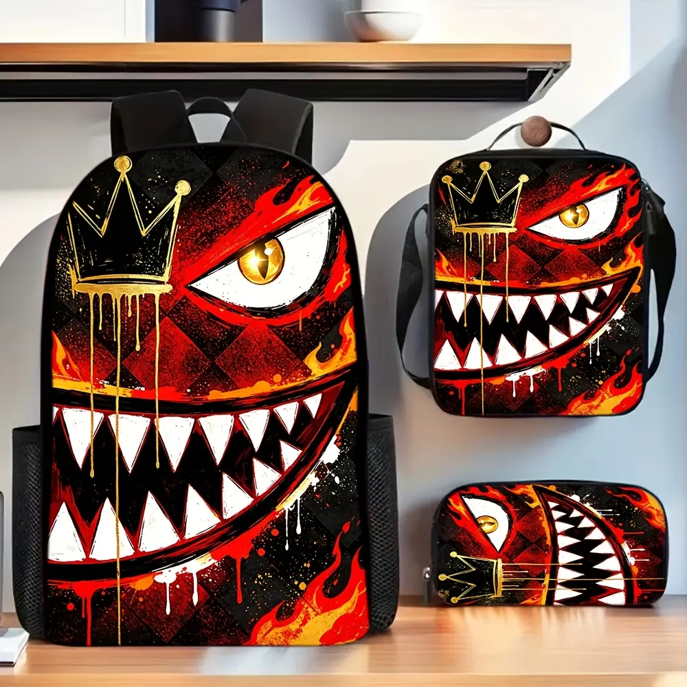 Durable Water Resistant 3-Piece Backpack Set for Teens, Lightweight School Bag with Lunch Box, Red Black Diamond Background Golden Crown Flame Sharp Teeth Monster Street Graffiti Print, Includes Large Rucksack, Thermal Lunch Tote & Stationery Pouch