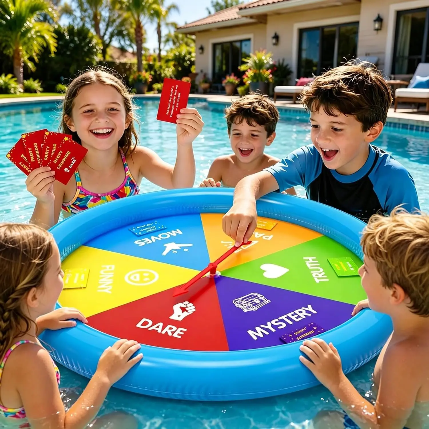 Inflatable Pool Party Game Table with Waterproof Silly Challenge Cards & Spinner, Floating Pool Game Toys for Teens Adults Family, Summer Pool Accessories for Backyard Beach Party