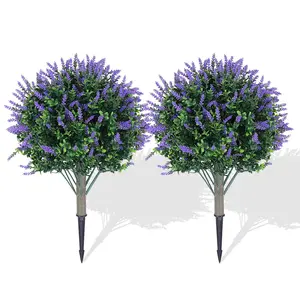 Garvee Set of 2 Artificial Lavender Topiary Ball Trees, 23" H UV Resistant Faux Boxwood Bushes with Ground Spike, Perfect Outdoor Decorative Evergreen Plants for Indoor Porch Garden Backyard