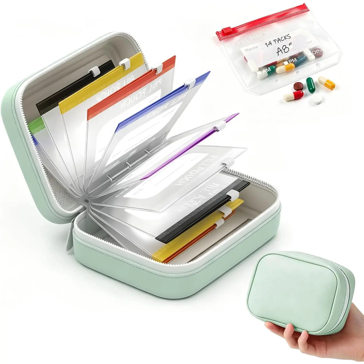 Waterproof Pill Organizer Set with 14 -Coded Pouches, Leakproof Reusable Travel Medicine Case