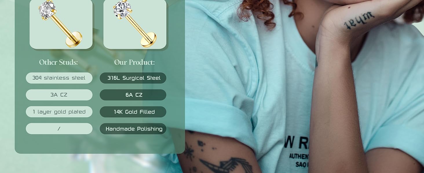 Trendy summer 14K Gold Plated  Threadless Nose Studs CZ Nose Rings for Women Men 316L Surgical Steel Labret Studs Lip Rings Push in Flat Back Stud Earrings CZ Nose Nostril Tragus Helix Piercing Jewelry Hypoallergenic 20G 18G 16G