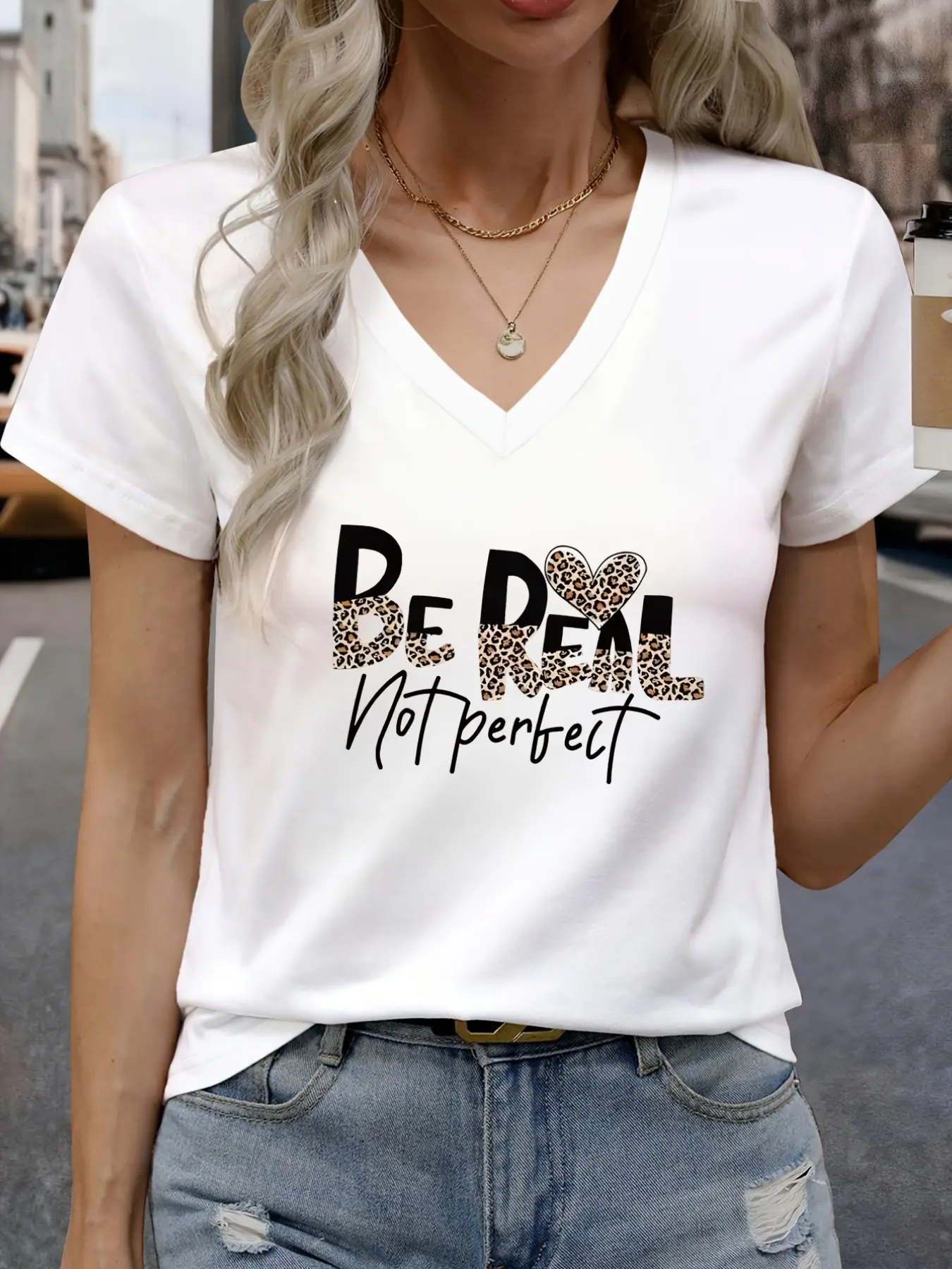 Women's Short Sleeve T-Shirt, 'stay True, Not Perfect' Print, V-Neck, Casual Fashion, Spring Summer Daily Wear