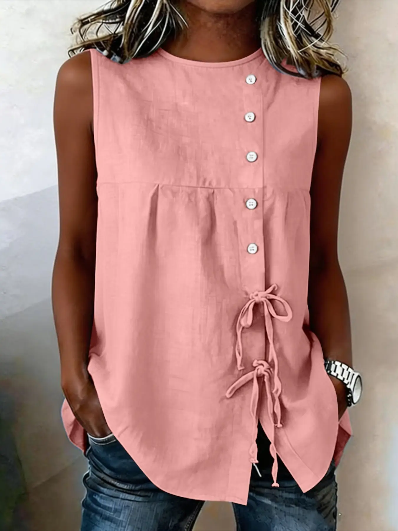 Women's Round Neck Casual Breathable Sleeveless Tank Top, Asymmetric Button Front, Ruched Waist with Side Tie Detail, Casual Daily & Office Wear