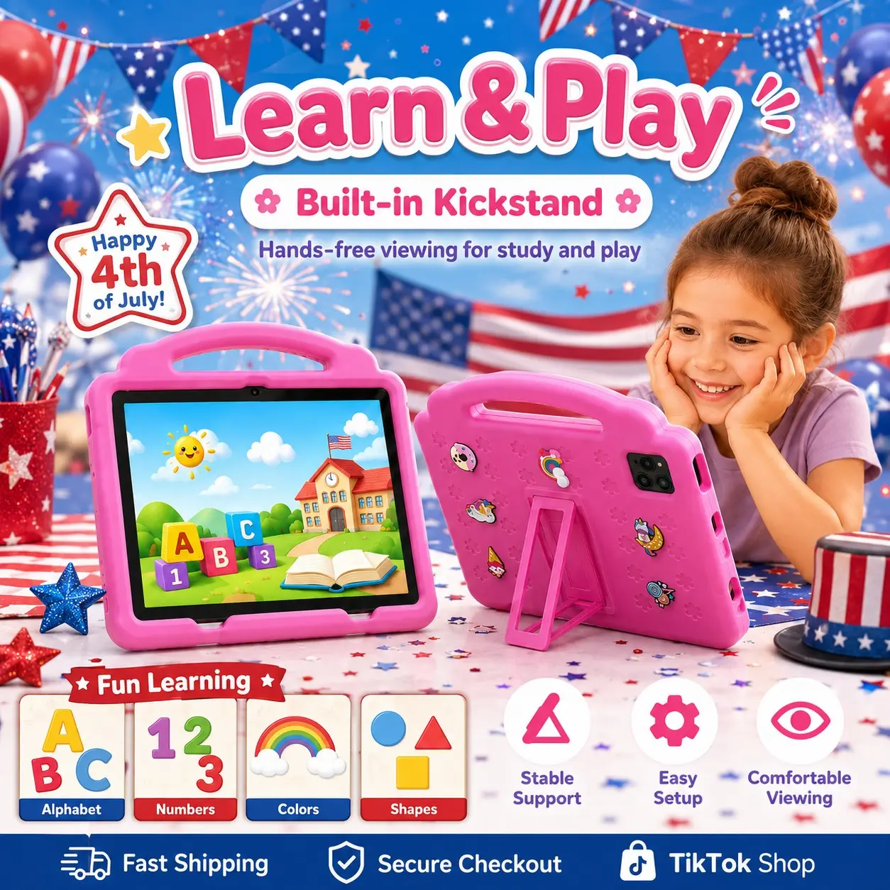 Holiday gift-10.1 Inch Kids Tablet, 4GB RAM 64GB ROM, Android 12, Dual Camera, Kid-Proof Case with Handle, WiFi Learning Tablet for Toddlers