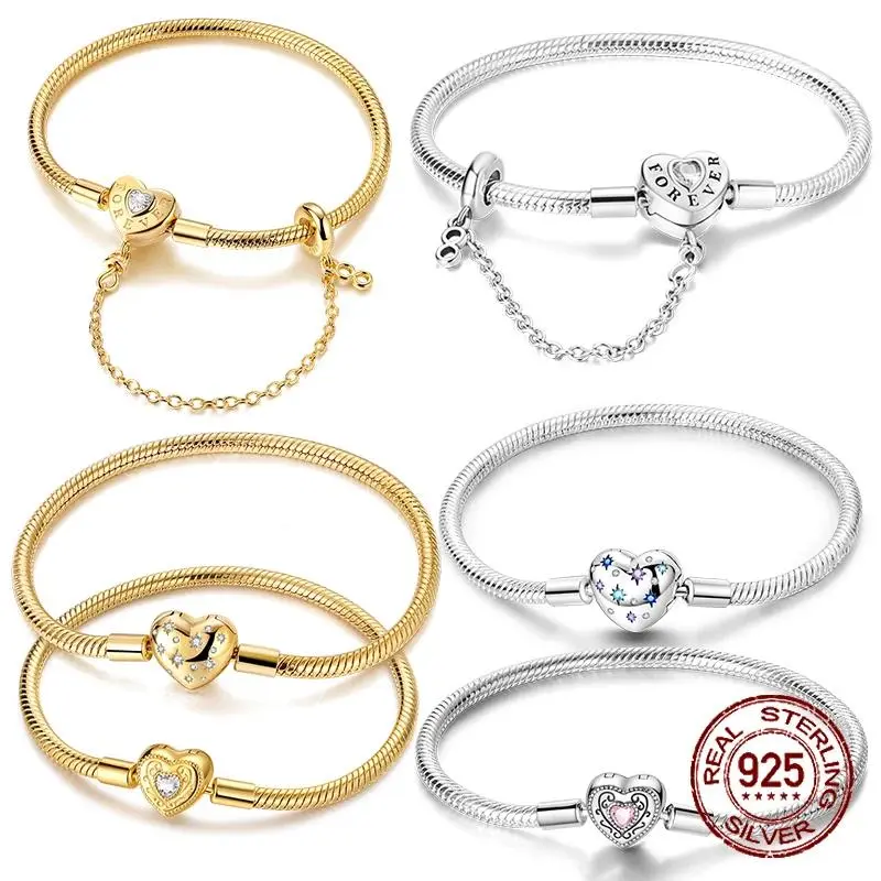 Bracelet 17-20CM Love Heart Original 925 Sterling Silver Charm Bracelet Pave Zirconia Bracelet for Women DIY Charm Jewelry Gifts
