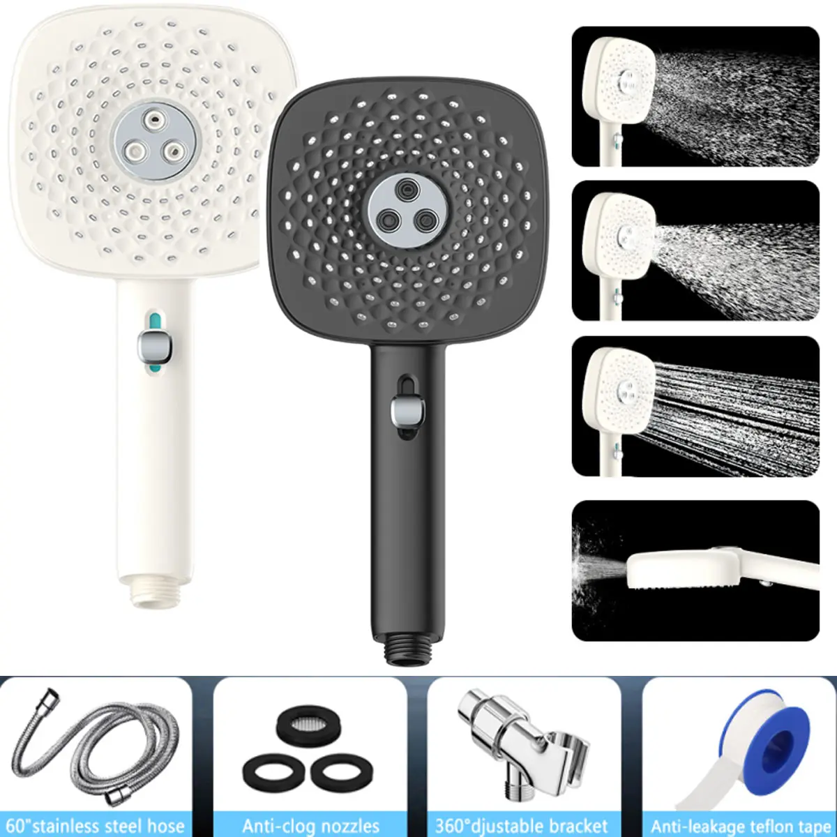 FEELSO Handheld Shower Head Set, 4-Mode Anti-Clog Nozzles, Push Switch, Wall Mount, Durable & Efficient Power Wash for Bathroom Tub, Pressure Showerhead