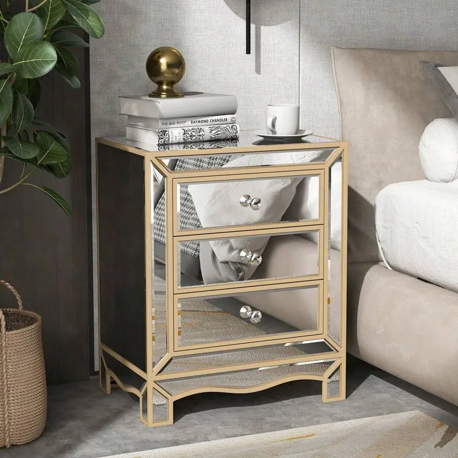 Champagne Finish 3-Drawer Mirror Cabinet, Modern Durable Indoor Cupboard with Premium Hardware Crystal Handles - Ideal for Bedrooms, Home Offices