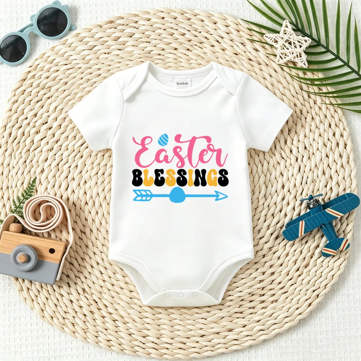 Unisex Baby Bodysuit Romper, Retro Easter Blessings Graphic Cotton Infant Onesie, Soft Summer Baby Clothes for First Easter Gift or Newborn Essentials