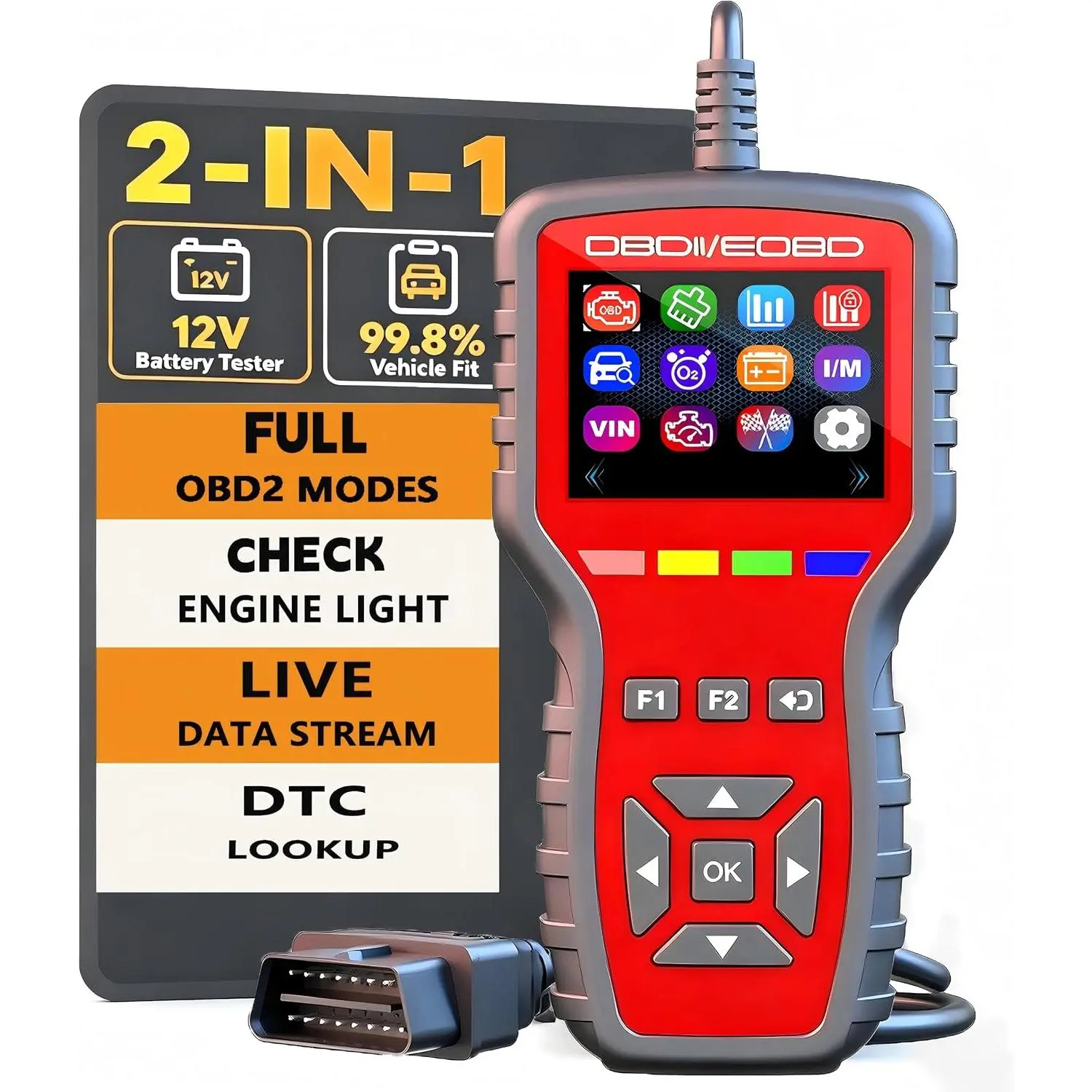 OBD2 Scanner and  Tester 2-in-1,Read and Clear Error Codes | Live Data,Freeze Frame, Code Reader and Engine Fault Diagnostic Tool for 1996+ OBDII Protocol ,red