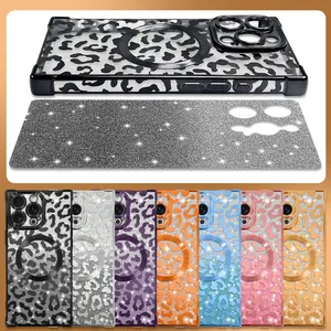 ( Case & Nova.) Square Leopard Print Glitter Luxury Magnetic Smartphone Casing - Protective Cellphone Case with Lens Protector, Full Camera Protection, Shockproof Rustic Silicone Accessory for iPhone 17 Pro Max, 16 Plus, 15, 14, 13, 12, 11