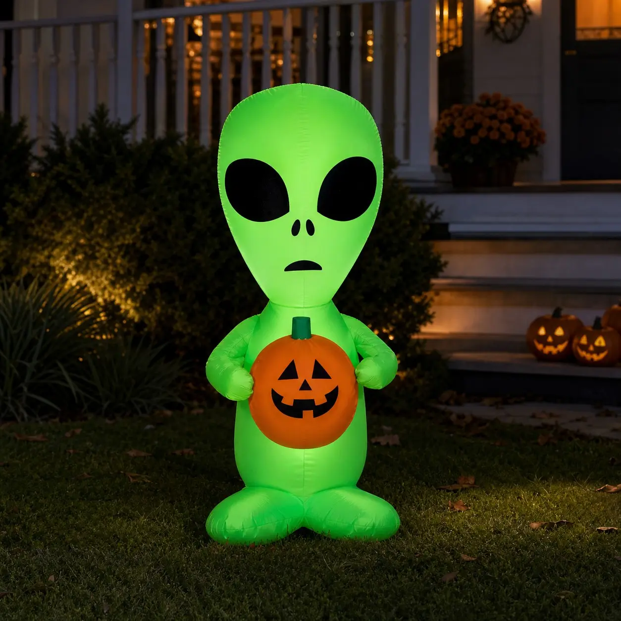 43.3 Inch Halloween Inflatable Alien with Pumpkin, Lighted Outdoor Yard Decoration with  Fan, Stakes and Tethers, US Plug