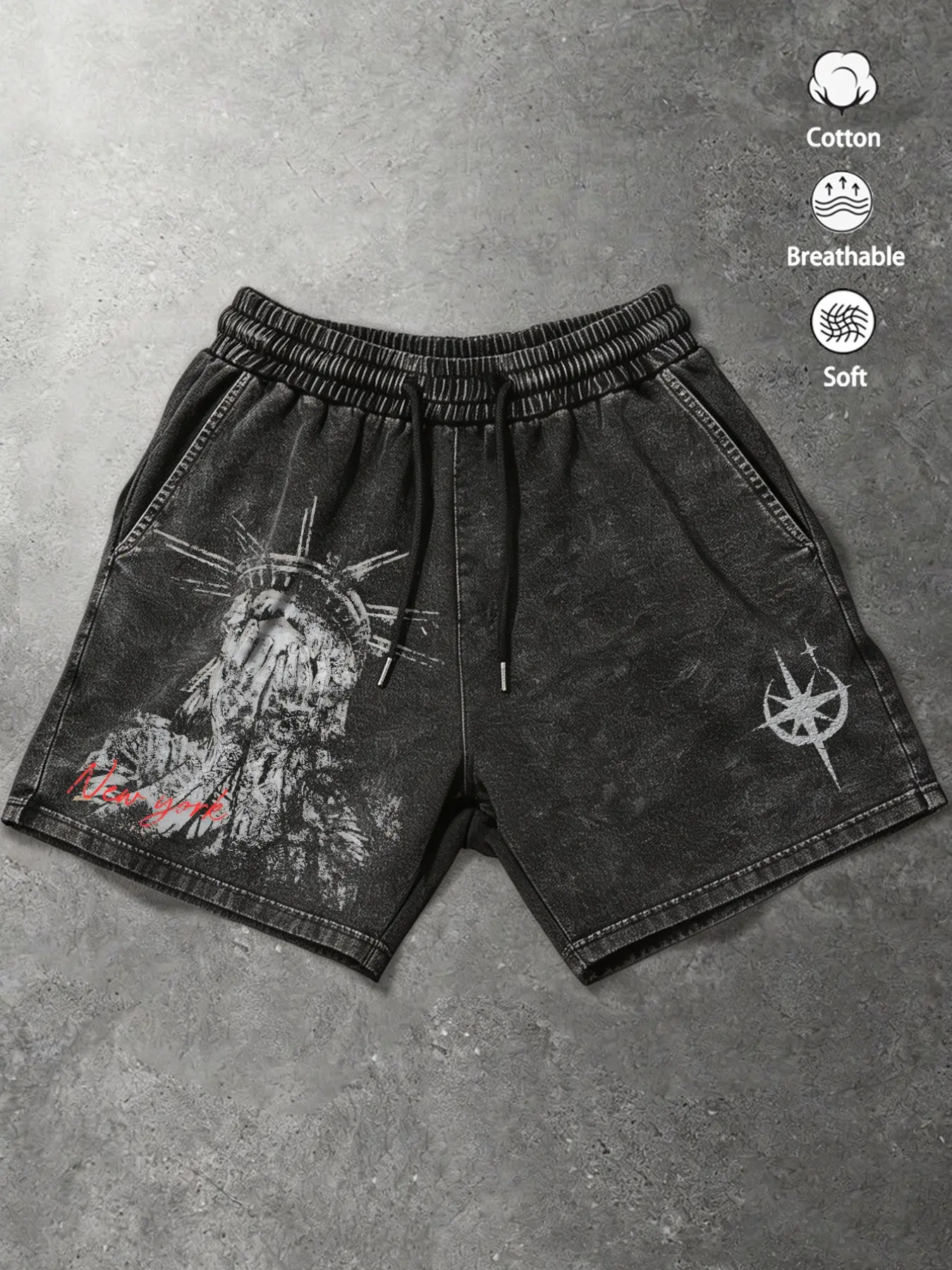 Men's Washed Statue of Liberty Print Shorts, American Vintage Pattern Drawstring Five-Quarter Pants, Street High Fashion Loose Casual Gym Shorts