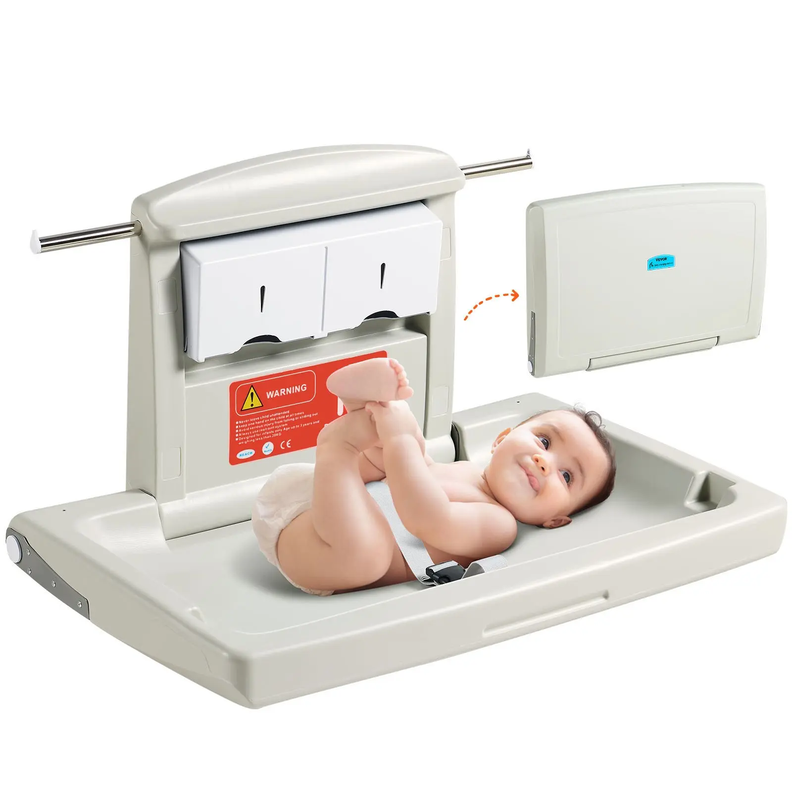 VEVOR Wall-Mounted Baby Changing Station, HDPE Plastic Horizontal Foldable Diaper Table (Folds Easily, 22 lbs/10 kg Capacity, 33.9x22.2x19.7 in), Adjustable Strap, Deep Edge Guardrails, Hangable Rods, Easy Install for Commercial Bathrooms, Daycare Centers