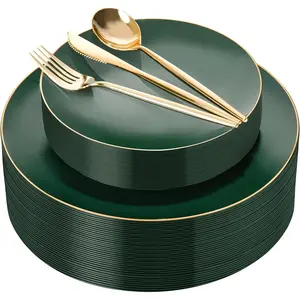 150Pcs Green Plastic Plates with Gold Rim, Fancy Disposable Plates, Green Plates Set include 30 Dinner Plate, 30 Dessert Plate, 90 Plastic Silverware Set for Wedding&Party