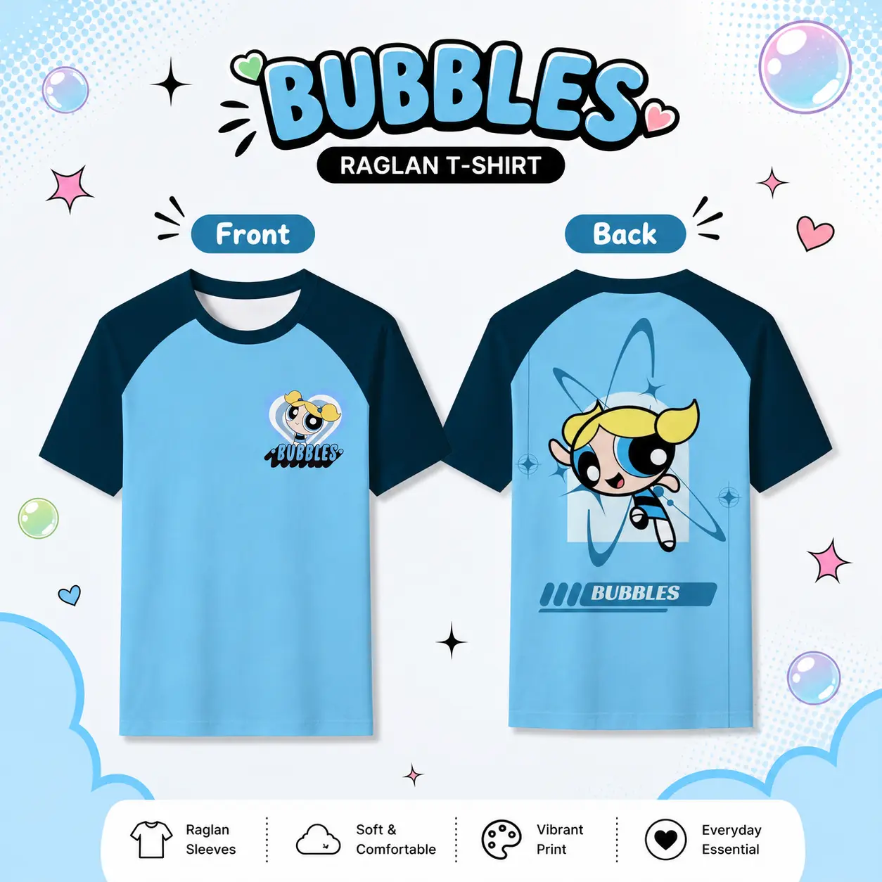 Powerpuff Girls Bubbles Graphic Raglan T-Shirt, White Navy Color Block Baseball Tee, Front and Back Print Y2K Cartoon Streetwear Top