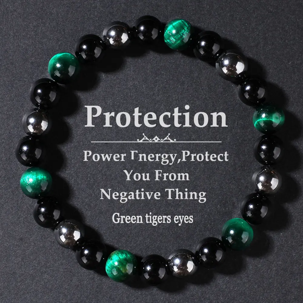 Protection Green Tiger Eye & Obsidian Beaded Bracelet Negative Energy Shield Jewelry