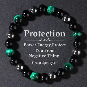 Protection Green Tiger Eye & Obsidian Beaded Bracelet Negative Energy Shield Jewelry