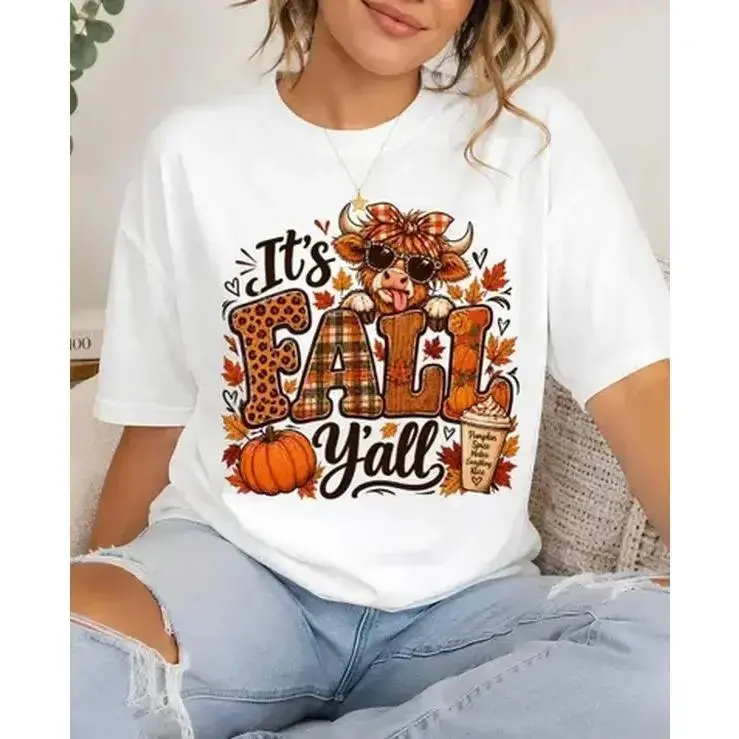 This is a "Fall Vibes, Pumpkin Print T-Shirt," perfect for Thanksgiving and autumn wear