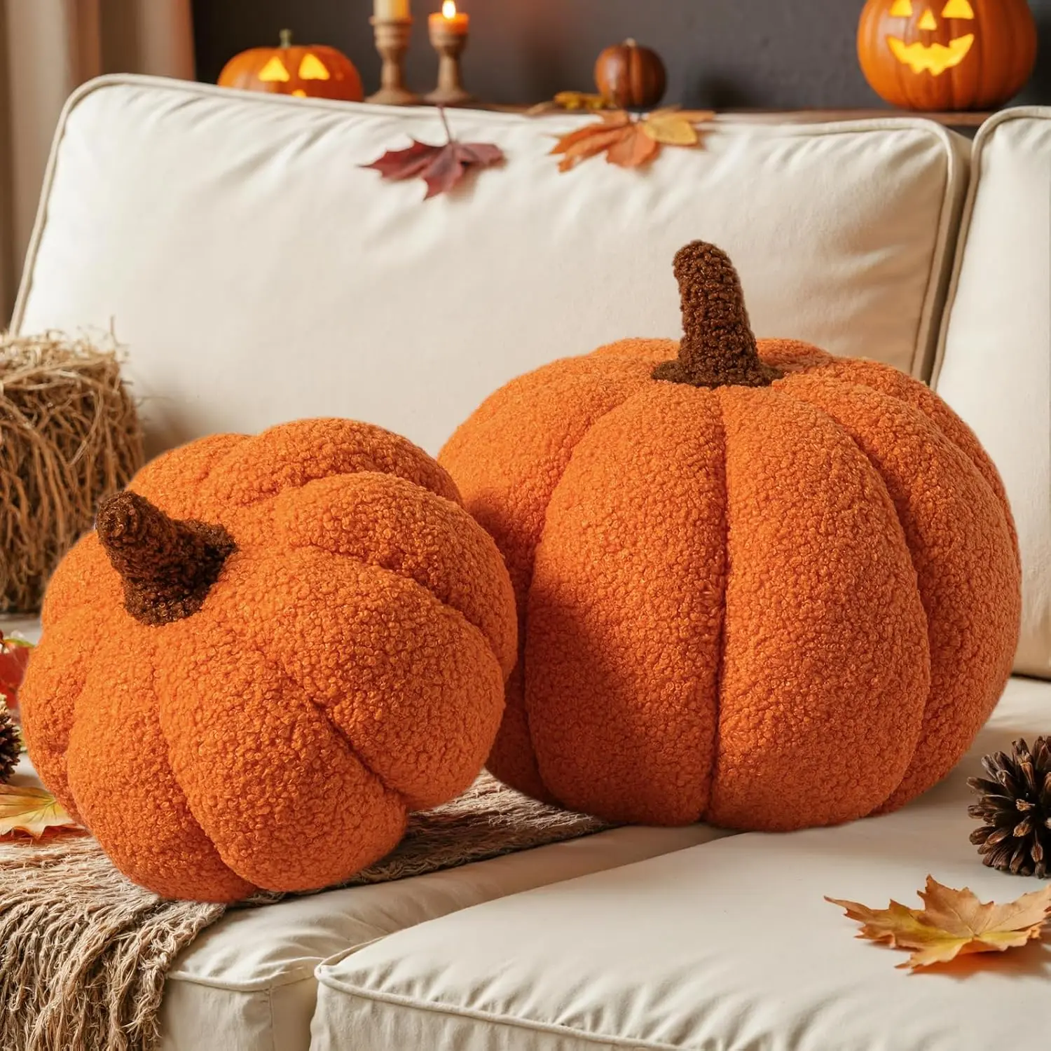 2-Piece Pumpkin Shape Fleece Cotton Throw Pillows Set, Fall Home Decor Items for Living Room Sofa Couch Bedroom, Halloween Autumn Thanksgiving Soft Cushions (Orange, 12.6x8.7in & 9x5.9in)
