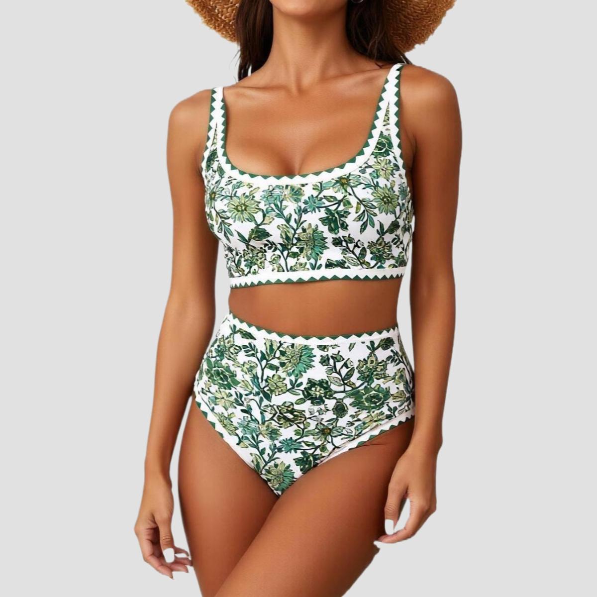 Women's Fashion Two-Piece Set High-Waisted Floral Bikini  Slimming with Tummy Control Wide Shoulder Straps Vacation Swimsuit  Perfect for Vacation Photoshoots