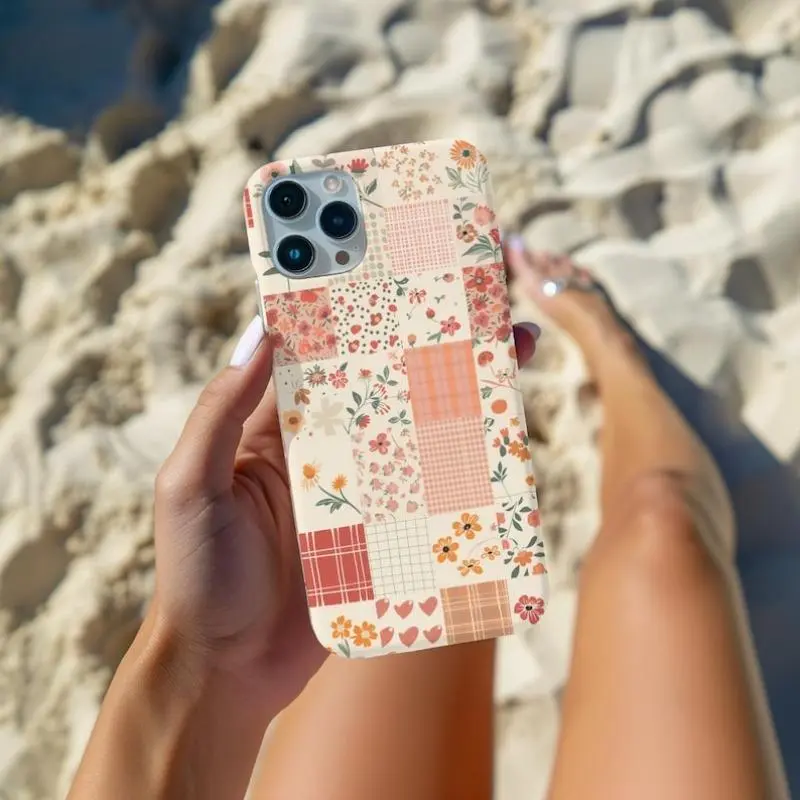 Cottagecore Patchwork Quilt Smartphone Case - Vintage Flower-Gingham Design, Lightweight Slim Durable Shock-Resistant TPU-Polycarbonate Shell, Camera Protection, Accessories for Women, iPhone 11-17 Series, Female Gift, Iphone11