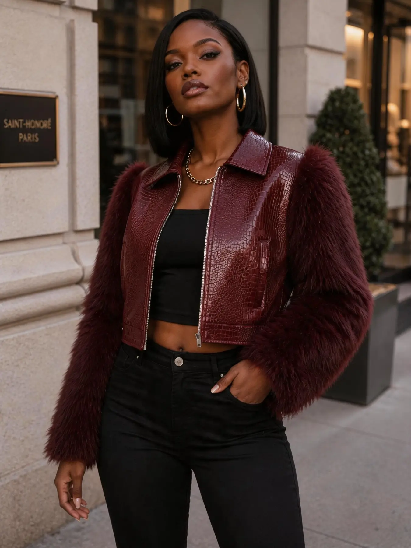 Women's Patchwork Fur Jacket, Coats, Outerwear, Alligator Texture Sleeves, Classic Motorcycle Style, Zipper Design, Luxurious and Stylish, Perfect for Outdoors, Long Sleeve