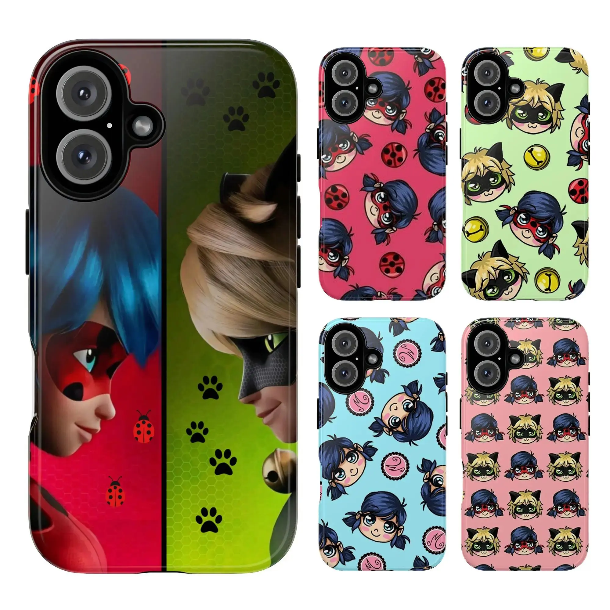 Miraculous Ladybug & Cat Noir Phone Case - Split Face, Paw Prints, Blue Hair, Yellow Bell Design, Cute Retro Anime Art, Durable Polycarbonate Shell, Shock Resistance Accessory for iPhone 17-11 Pro Max/Plus, Samsung Galaxy S23