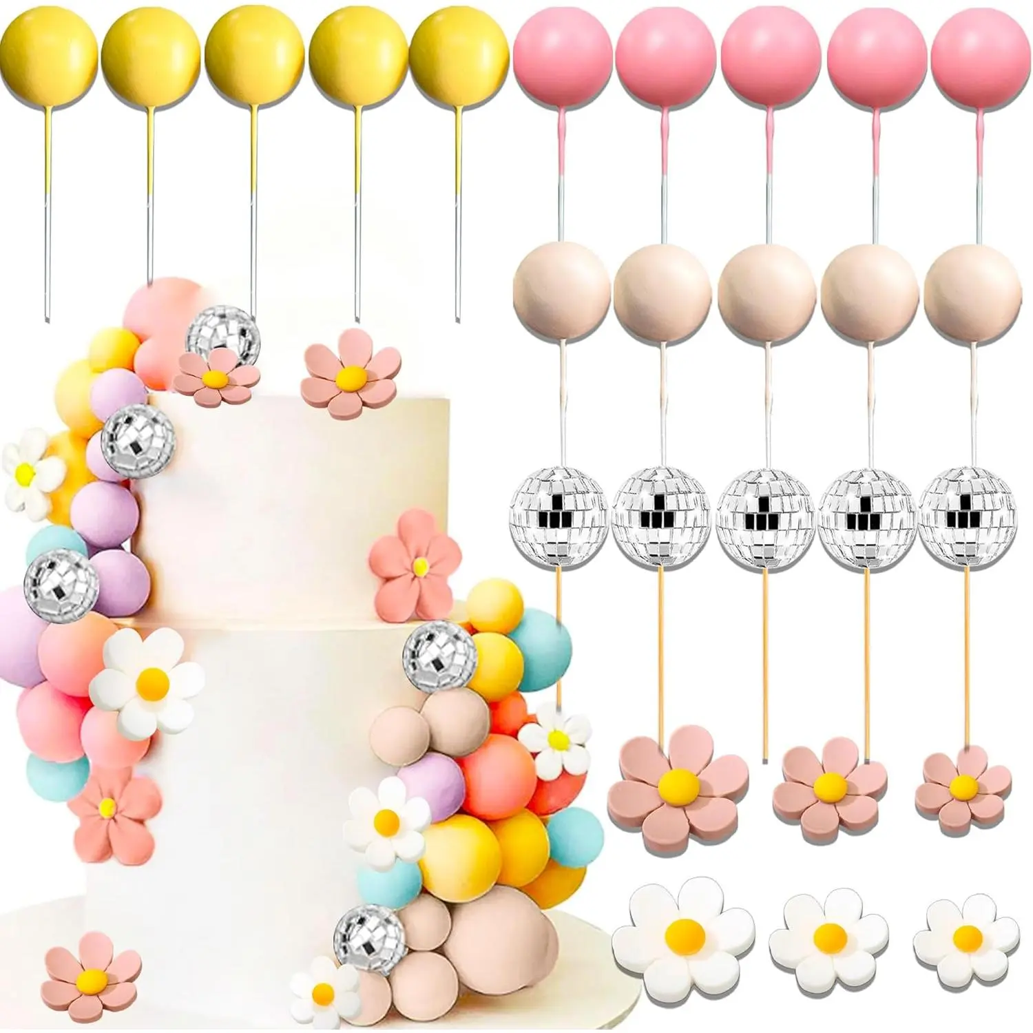 34 PCS Groovy Cake Toppers Boho Hippie Daisy Flower Cake Decoration Party Decorations Girl Birthday Party Boho Groovy Party Supplies, Pink