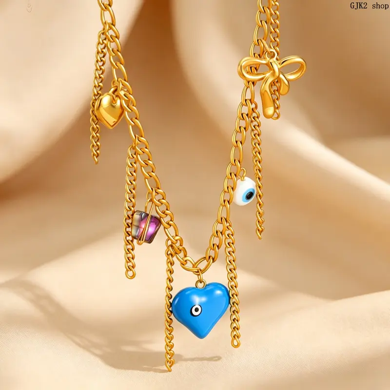 Gold Tone Evil Eye Heart Bow Charm Necklace, Stainless Steel Multi Tassel Chain Colorful Crystal Pendant Necklace, Y2K Trendy Layered Jewelry