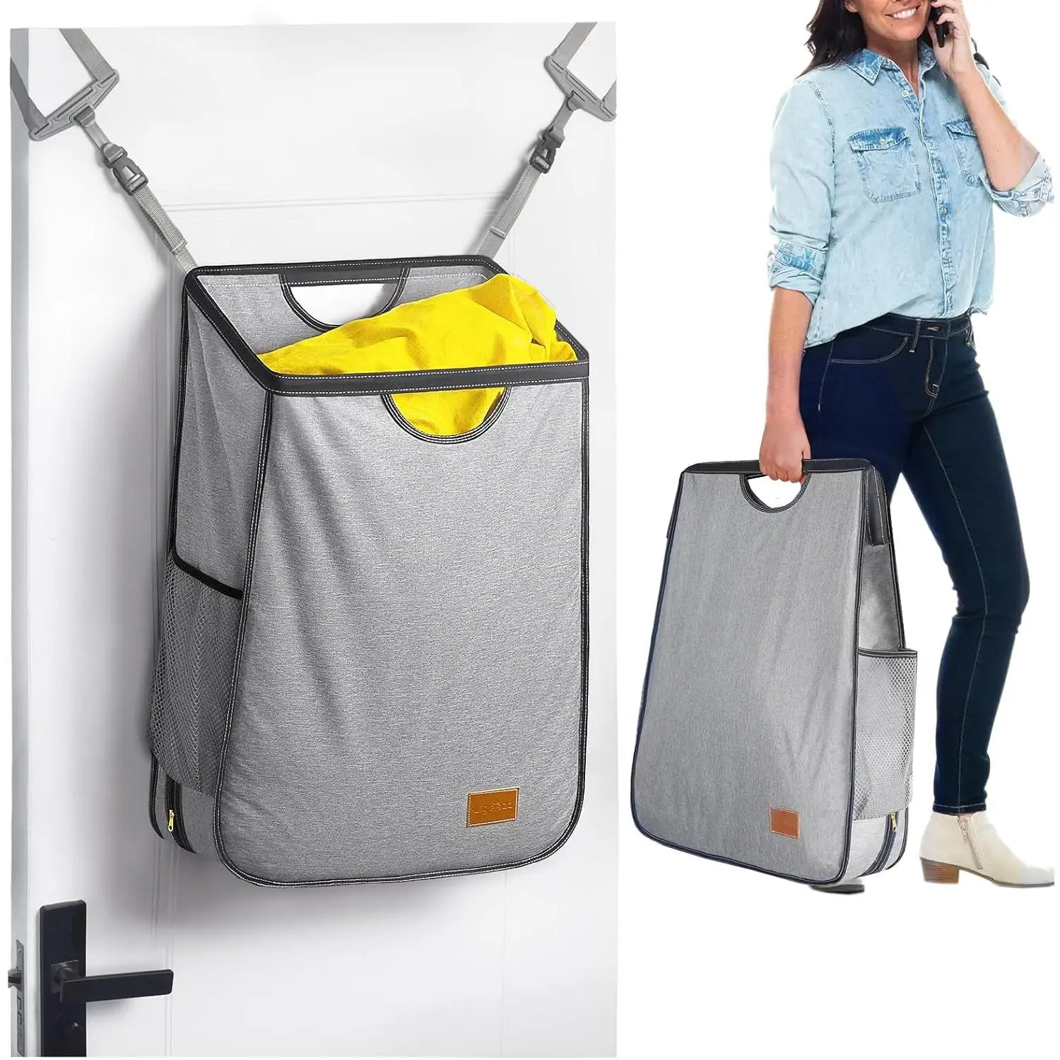Hanging Laundry Hamper Bag is Suitabled for Any Door- Large Capacity Hanging Laundry Basket Won't Scratch the Door Paint -Over the Door Laundry Hamper with Big Metal Rim Opening