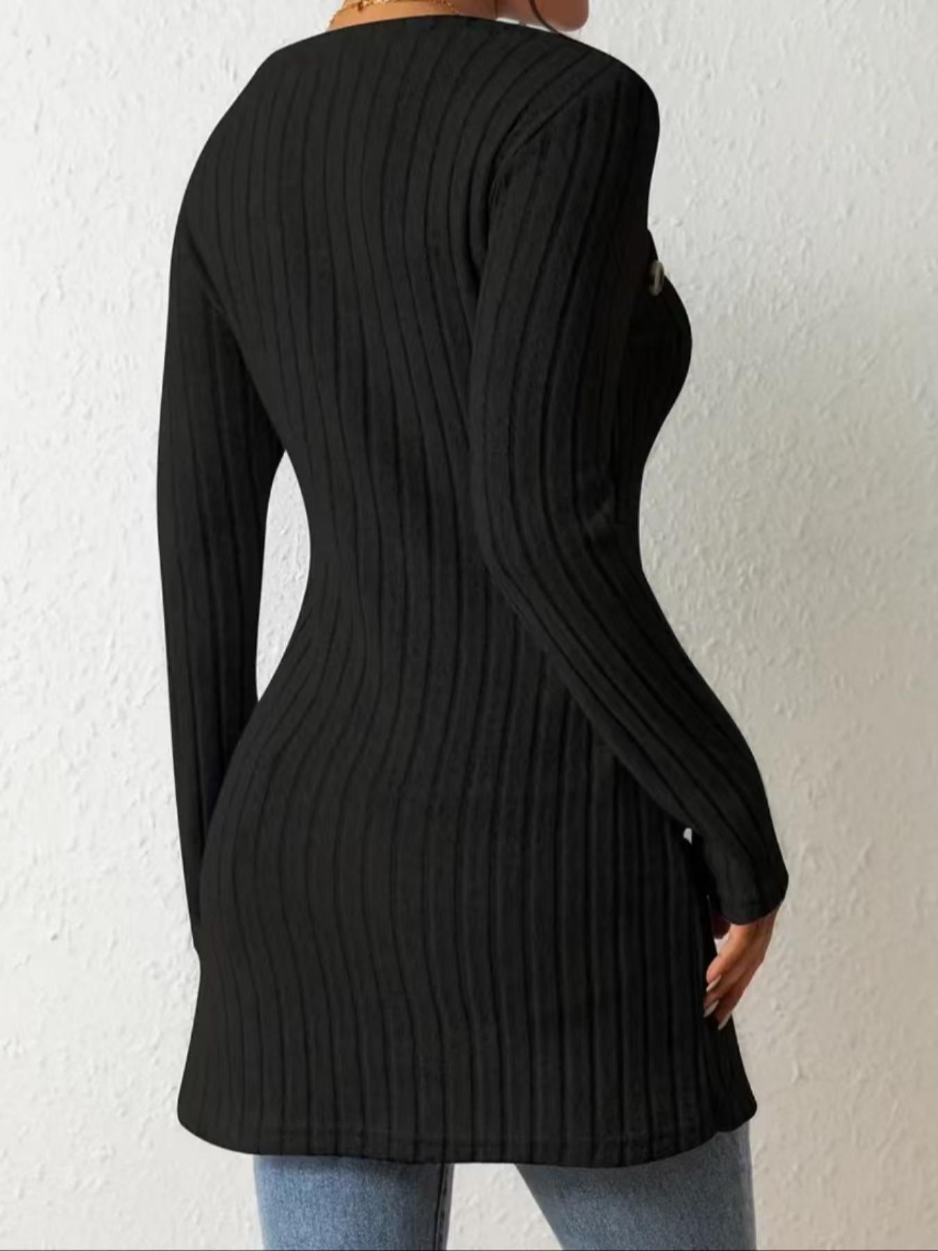 Women's Plain Asymmetrical Hem Button Decor Ribbed Tee, Casual Fitted Long Sleeve  T-shirt for Spring & Fall, Women's Clothing for Daily Wear